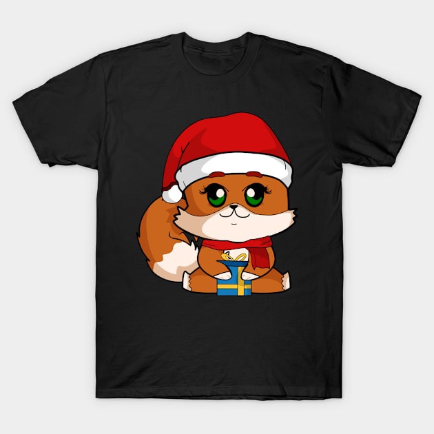 Cute Fox Christmas Holiday Shirt with Santa hat and present for animal lovers T-Shirt by TheBeardComic